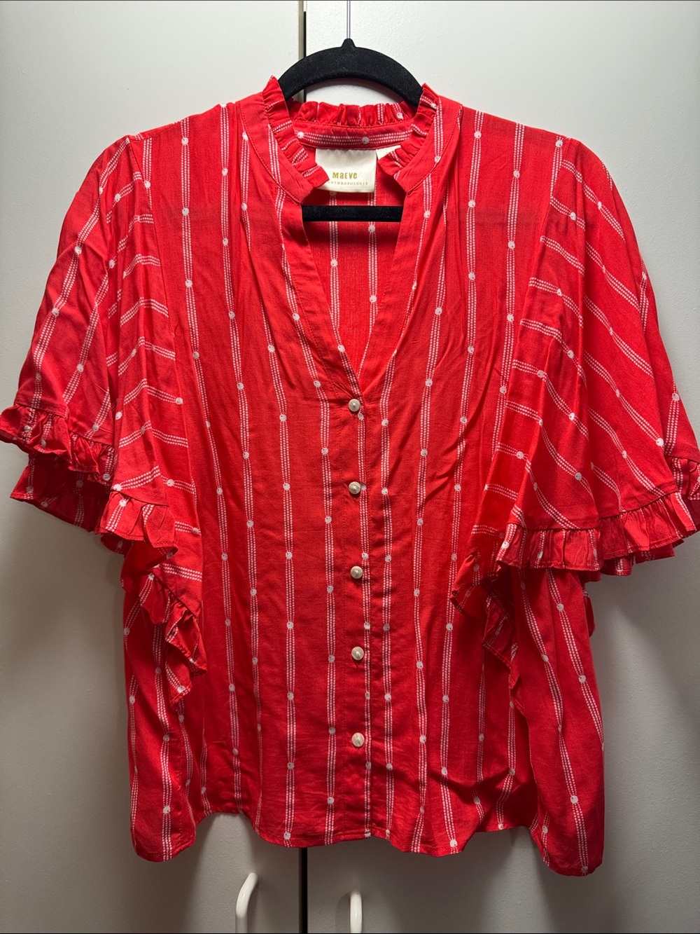 Maeve Red Striped Ruffle Button-Front Top